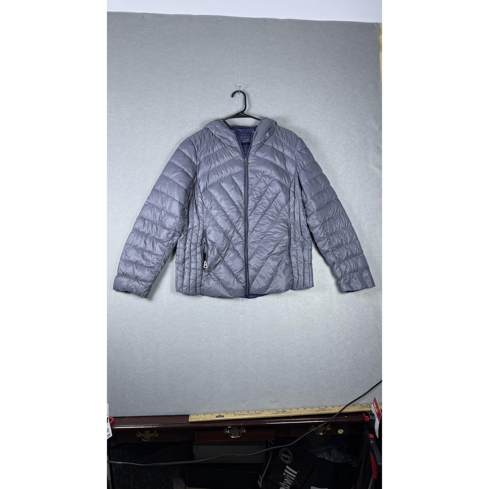 Lucky Brand Jacket Mens XL Gray Quilted‎ Hooded Full Zip Puffer Packable Damaged